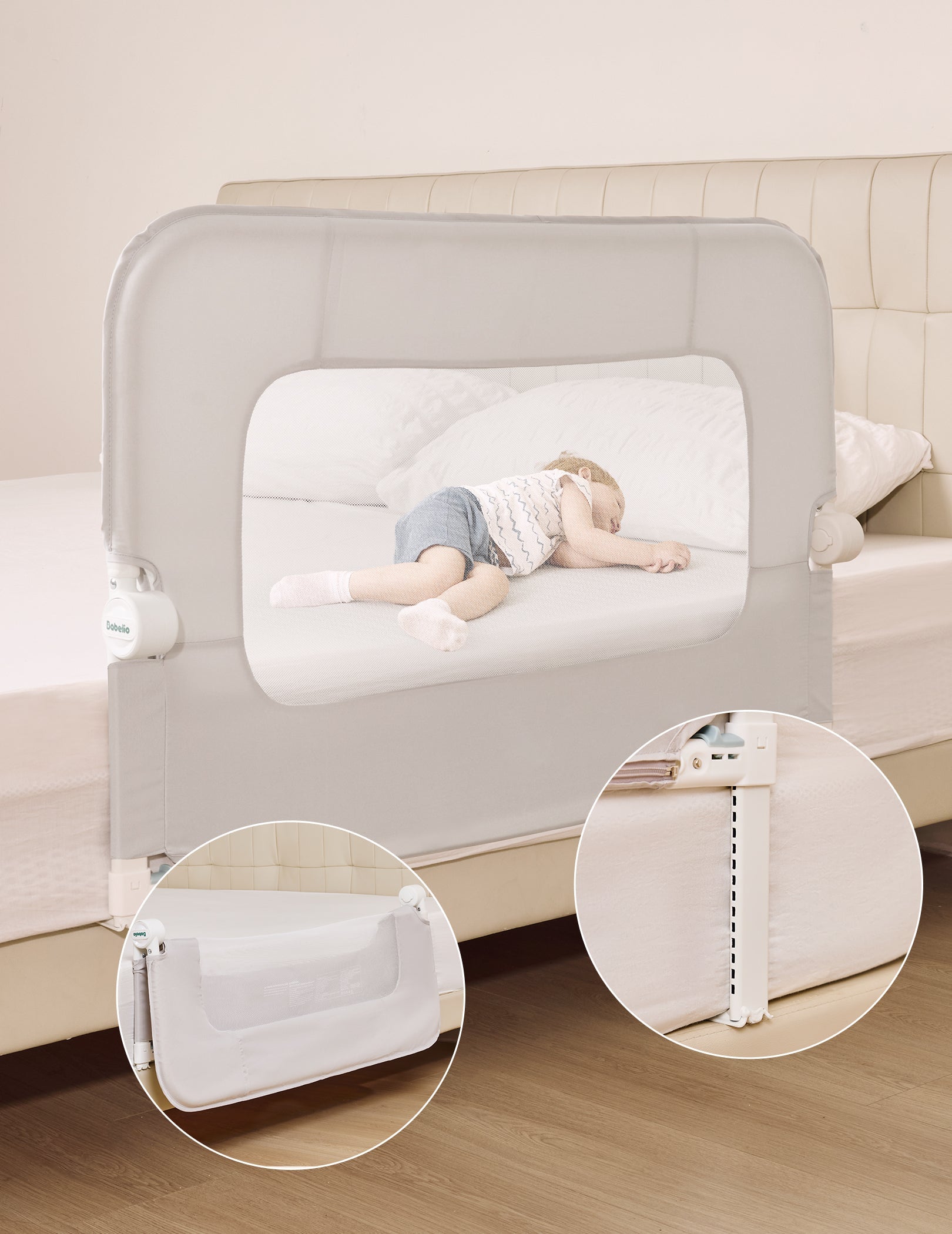Babelio toddler bed rail safety guard installed on bed in modern bedroom with sleeping child