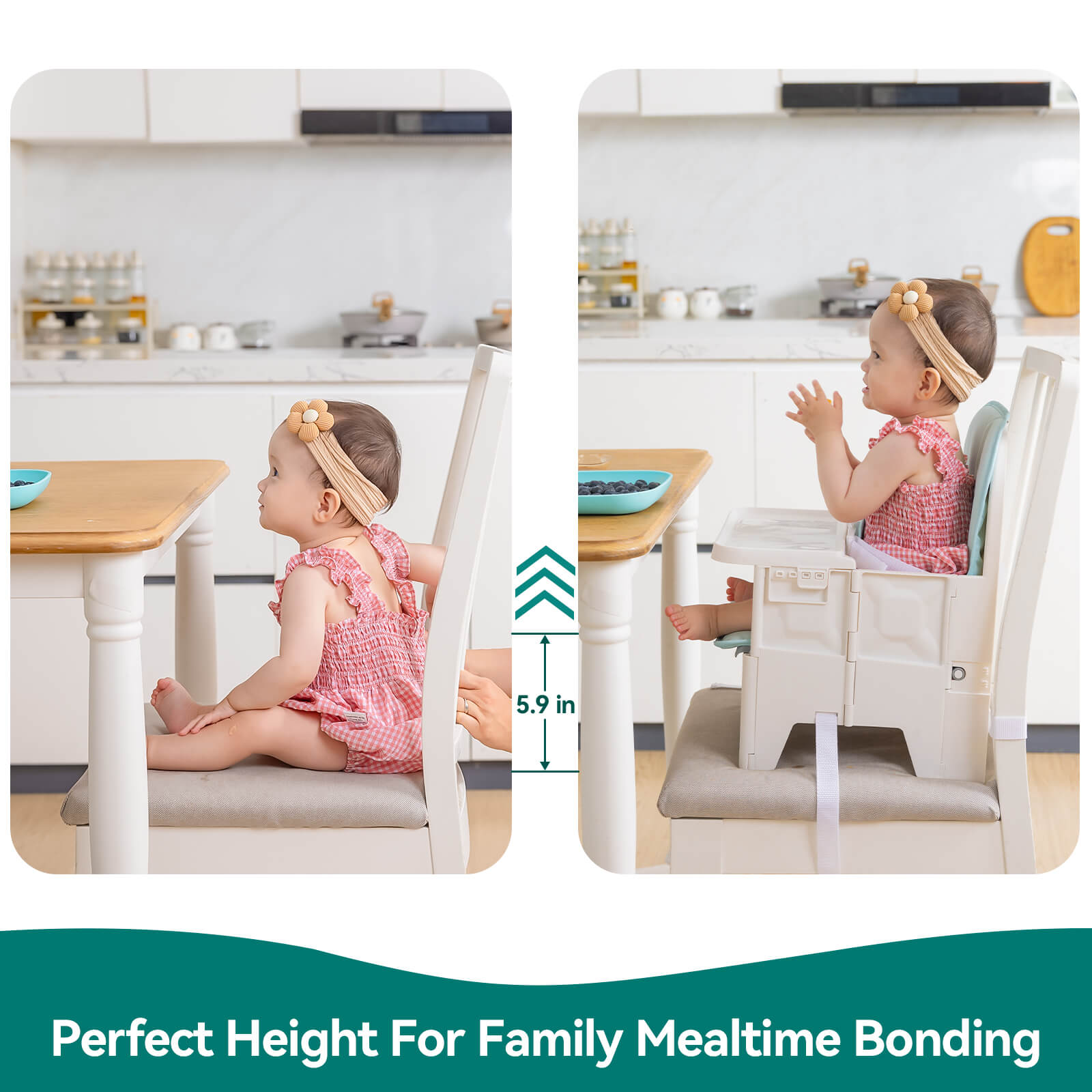 Babelio baby chair booster for upright posture, shown in a modern kitchen dining setting.