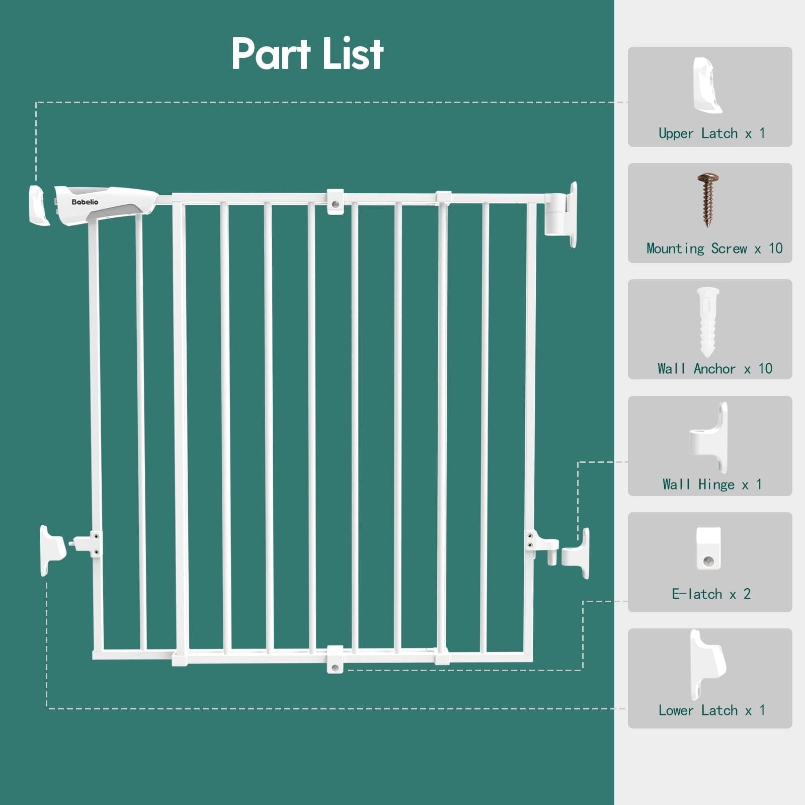 Part list for an adjustable baby gate for stairs showing installation accessories such as latches, screws, wall anchors, and hinges, auto close and adjustable design with no bottom bar, Babelio