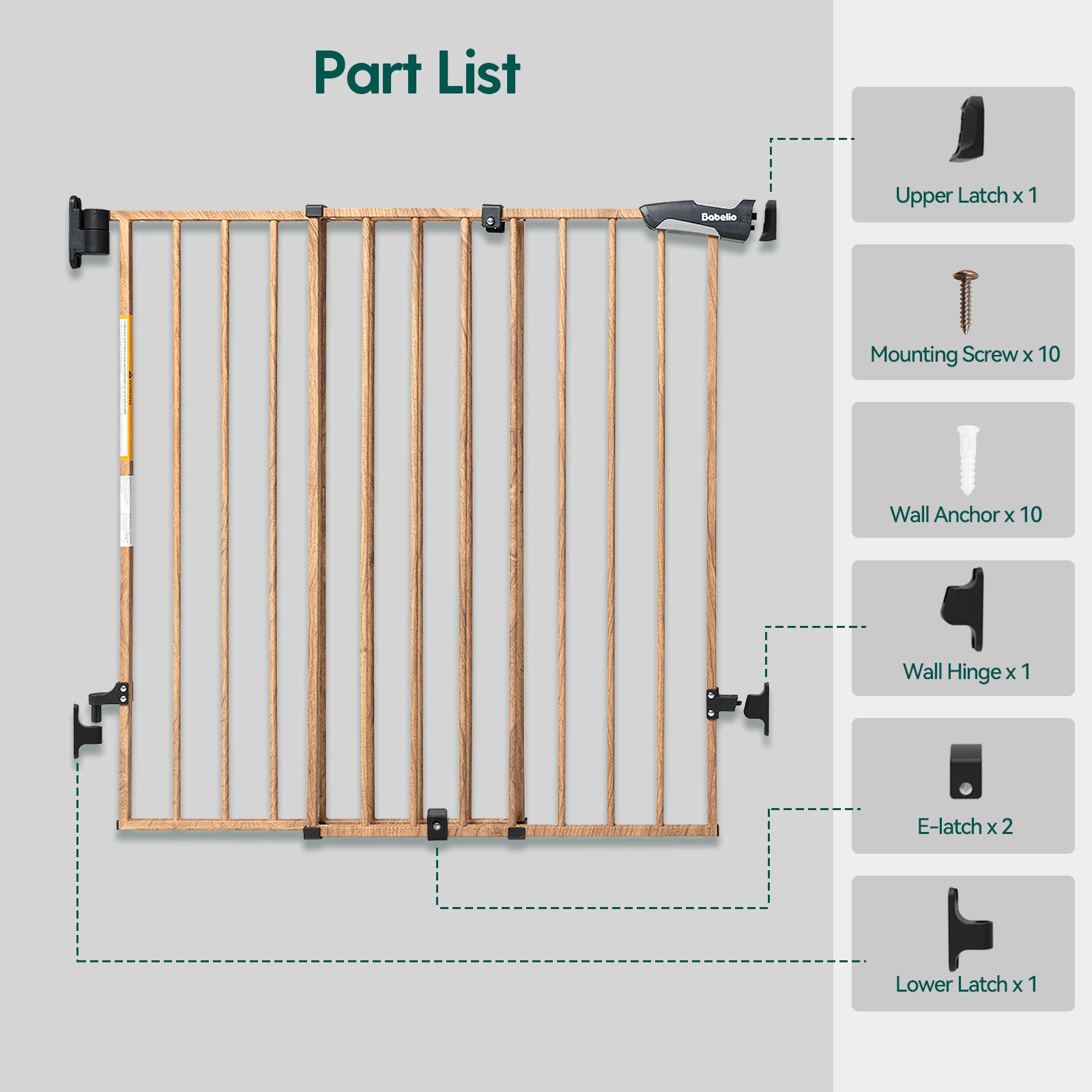 Part list of a stylish wood pattern adjustable baby gate showing installation accessories including latches, screws, wall anchors, and hinges, featuring sturdy drill-mounted design, Babelio Boundless B17