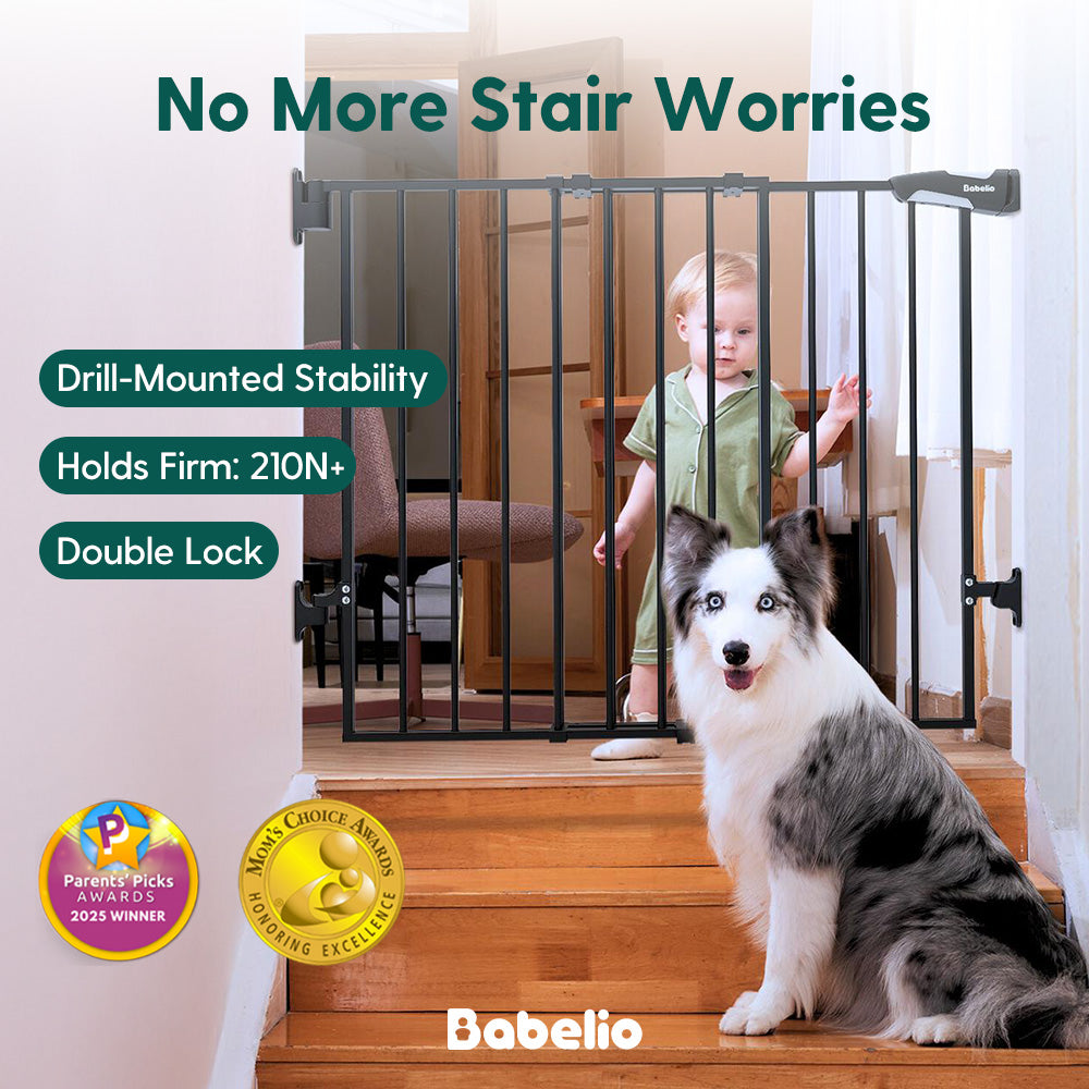 A child and a dog by an adjustable baby gate for stairs and baby gates for dogs, featuring auto close, double lock, and drill-mounted stability with no bottom bar, Babelio Boundless B17