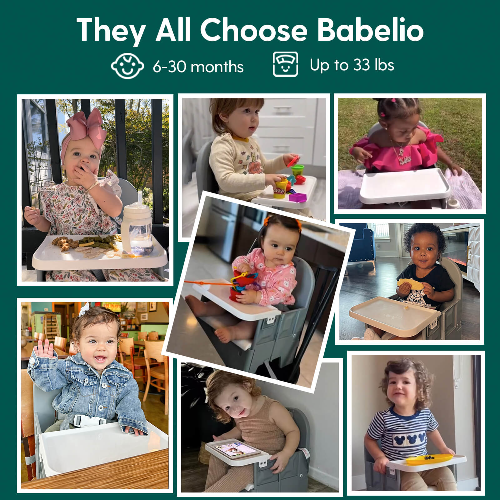 Babies using Babelio baby high chair in kitchen and dining room settings, smiling and eating.