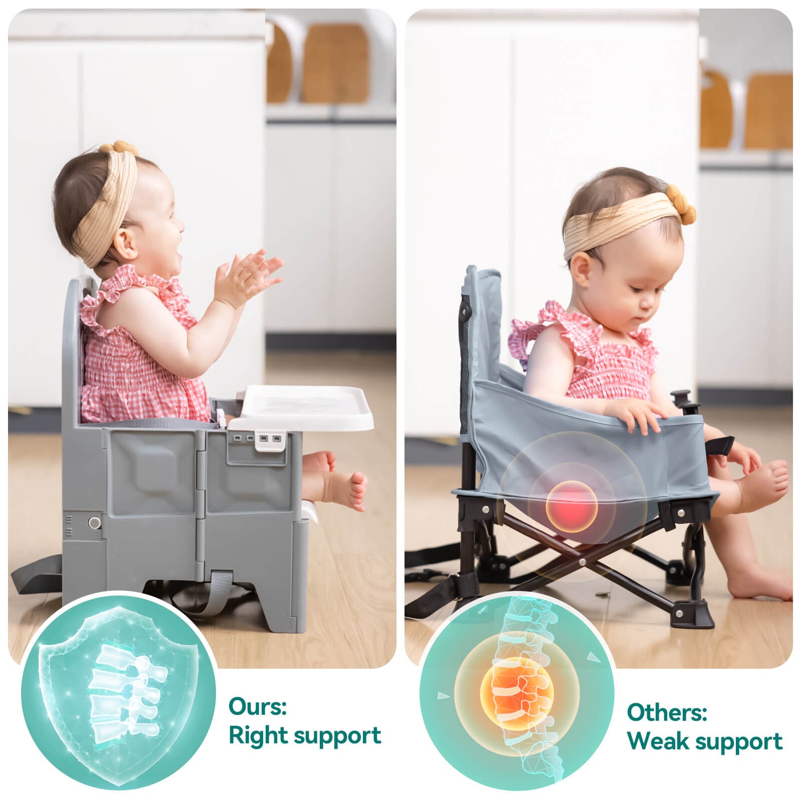 Babelio baby high chair comparison showing strong back support in a modern kitchen setting.