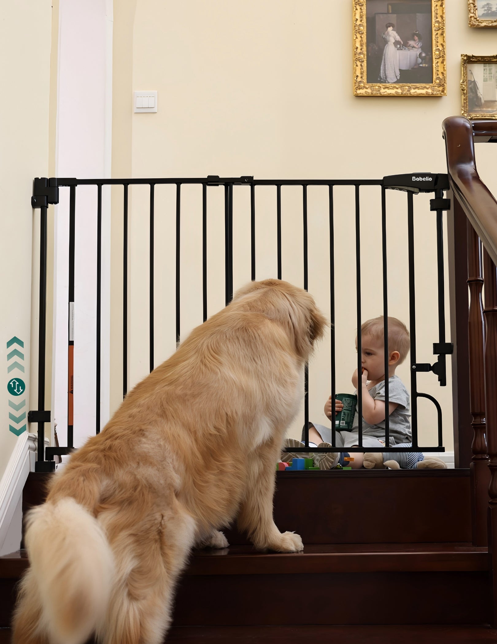 Babelio baby safety gate installed on stairs blocks dog from reaching baby playing upstairs