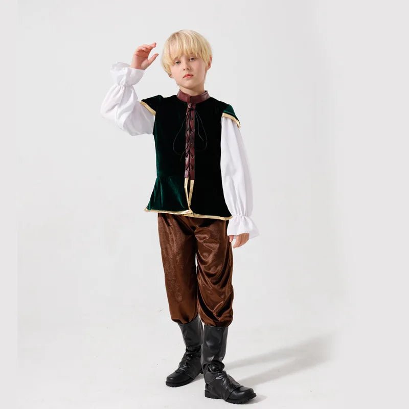 Boys Medieval Prince Costume — European Renaissance Outfit with Top, Pants & Boots - babeliobaby - S 105 - 120cm -
