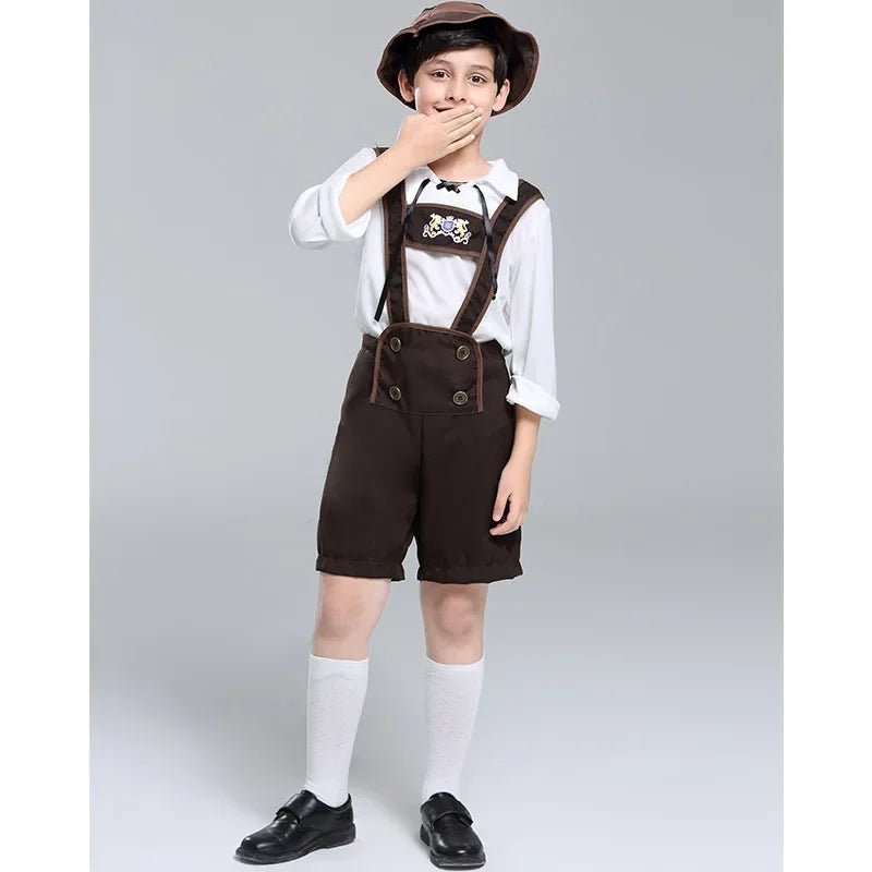 Boys Oktoberfest Costume — Bavarian Lederhosen Set with Hat, Shirt & Suspender Pants - babeliobaby - Brown - XS(old)