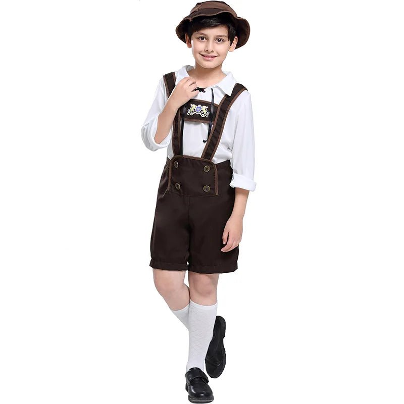 Boys Oktoberfest Costume — Bavarian Lederhosen Set with Hat, Shirt & Suspender Pants - babeliobaby - Brown - XS(old)