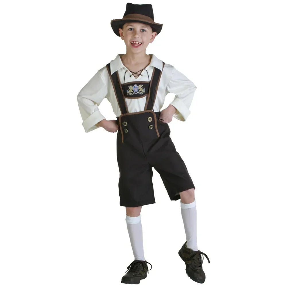 Boys Oktoberfest Costume — Bavarian Lederhosen Set with Hat, Shirt & Suspender Pants - babeliobaby - Brown - XS(old)