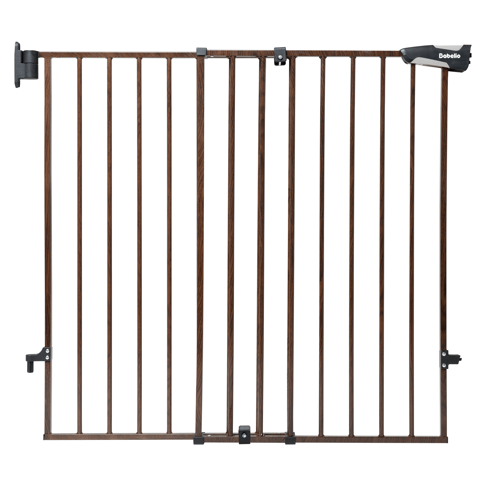 Brown wood pattern adjustable baby gate for stairs and doorways, 34-inch height safety gate with auto-close and double lock design, sturdy alloy frame for baby and pet safety, Babelio Boundless B17