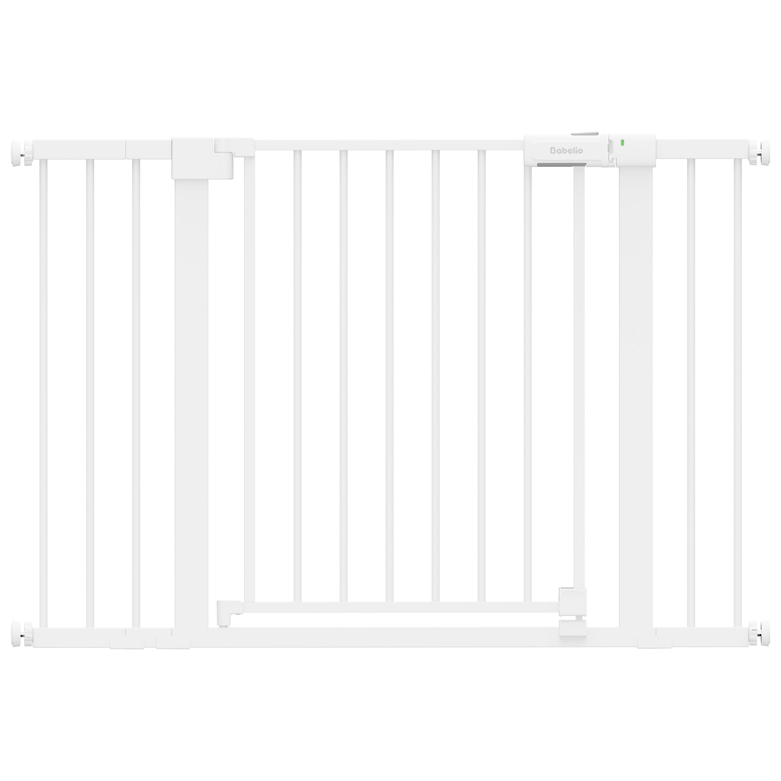 A white metal safety gate with vertical bars and a small electronic control module on the right side, shown against a plain white background.#Color_White