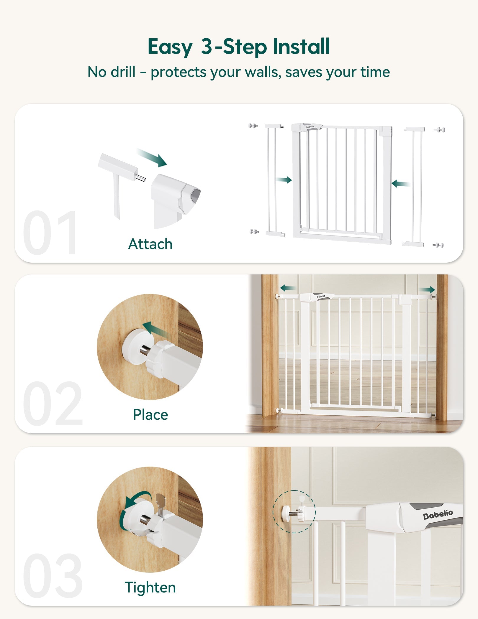 Babelio baby safety gate easy 3-step install in doorway, no drill, modern home setting