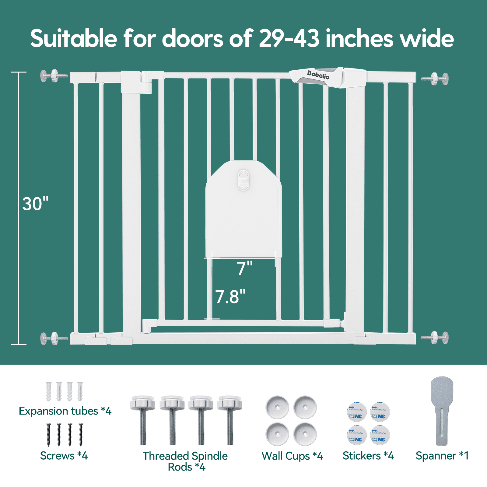 Babelio baby safety gate with lockable pet door and hardware, suitable for doorways 29-43 inches wide