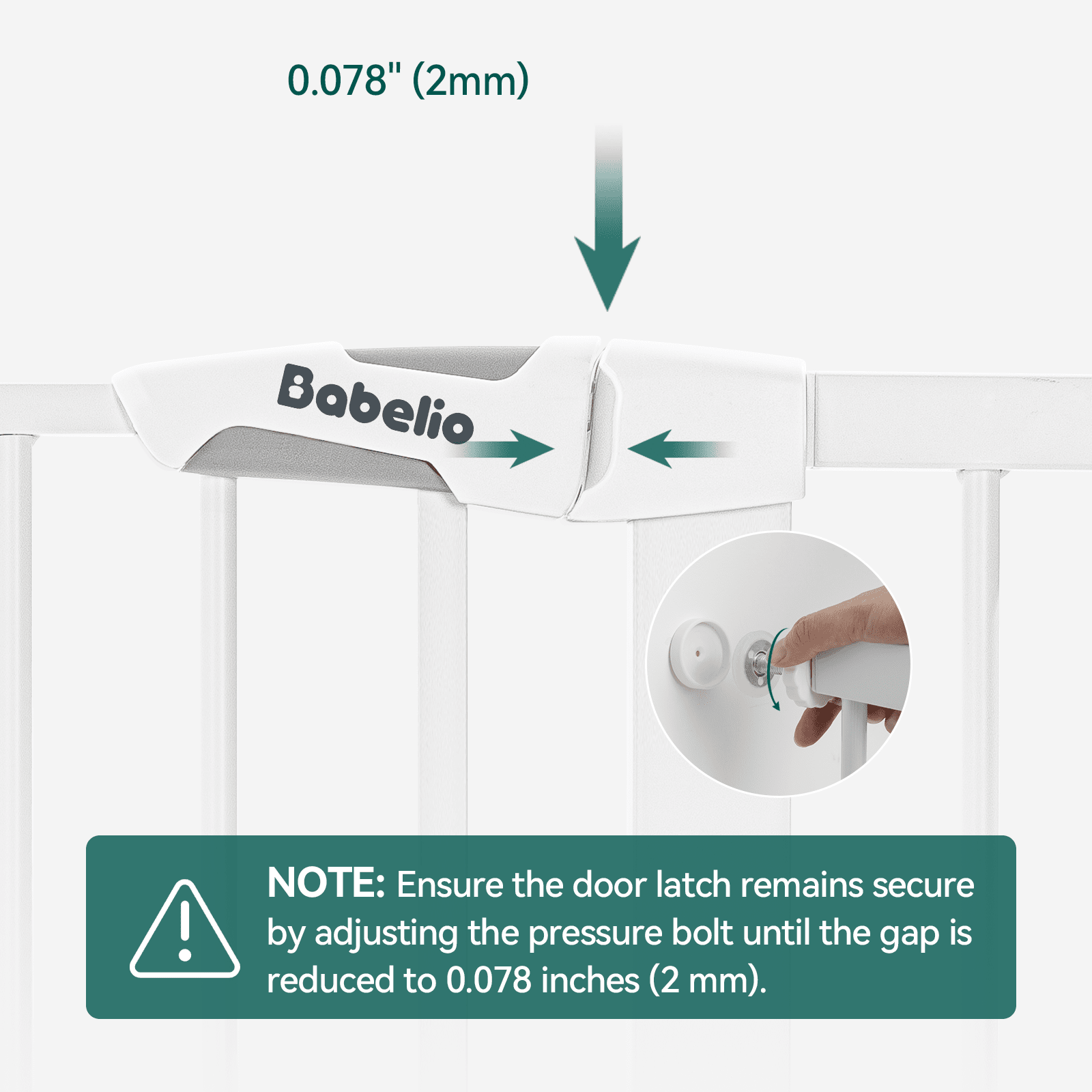 Babelio baby safety gate latch adjustment detail with 2mm gap indicator and secure lock feature