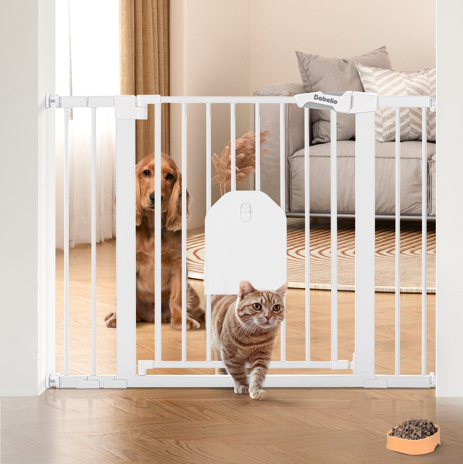 Babelio baby safety gate with lockable pet door in living room, cat exiting, dog inside