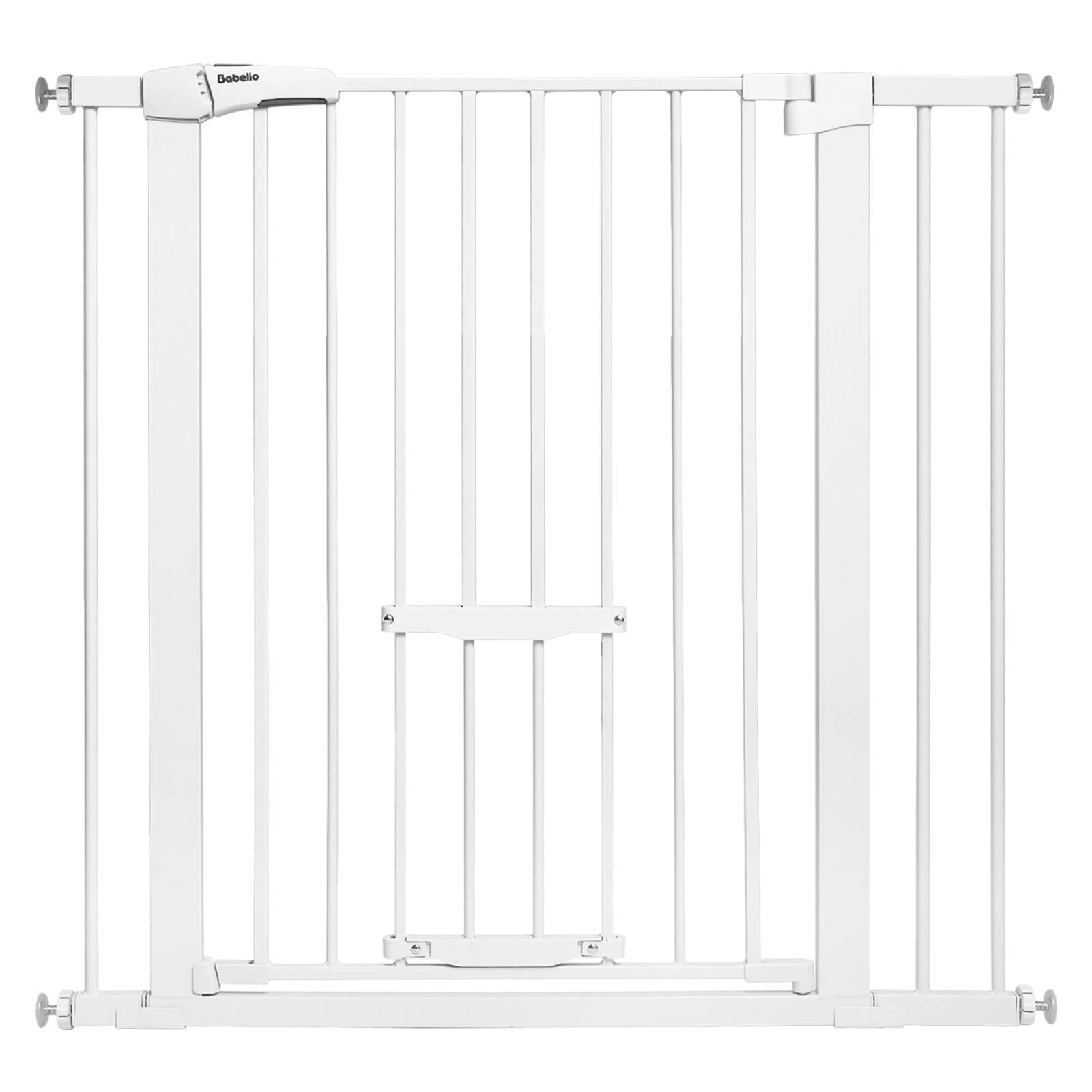 Babelio white expandable baby safety gate with adjustable cat door, shown on white background