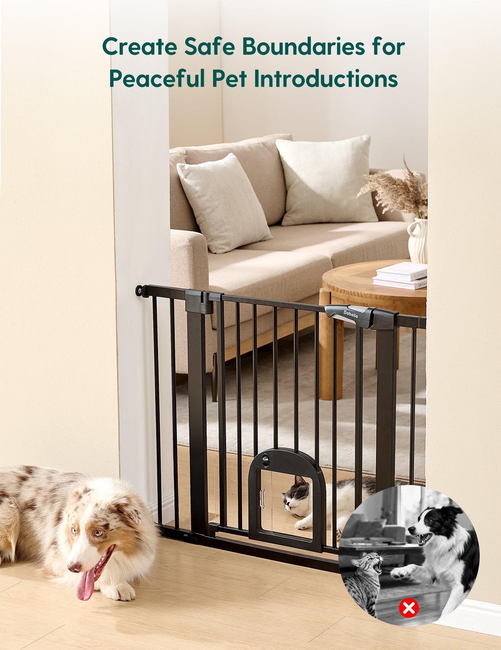 Babelio baby safety gate with cat door separates dog and cat in modern living room setting.