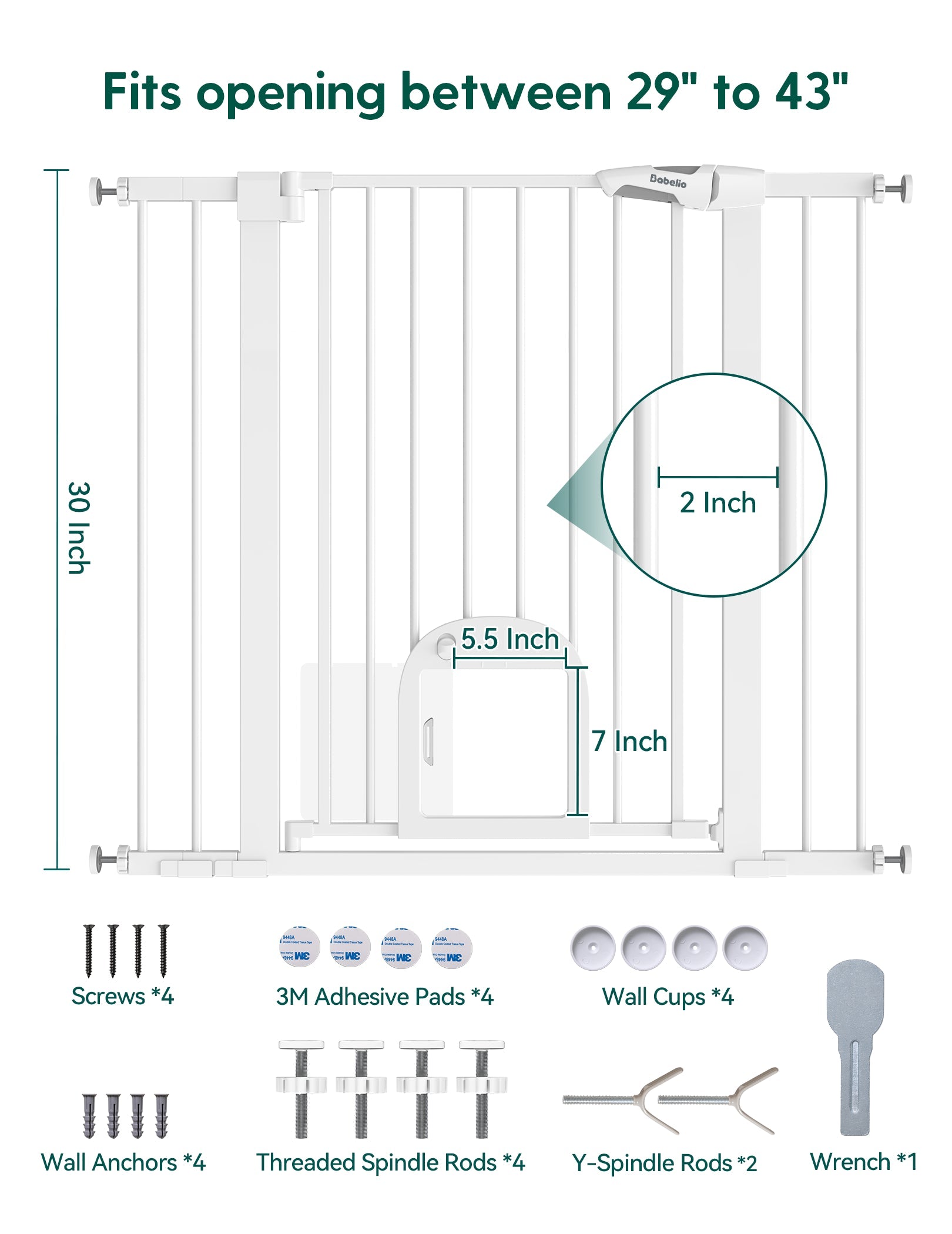 CatPrivilege T7 | Expandable Stylish Baby Gate with Cat Door - babeliobaby - White - 29 - 43'' Wide 30'' Tall