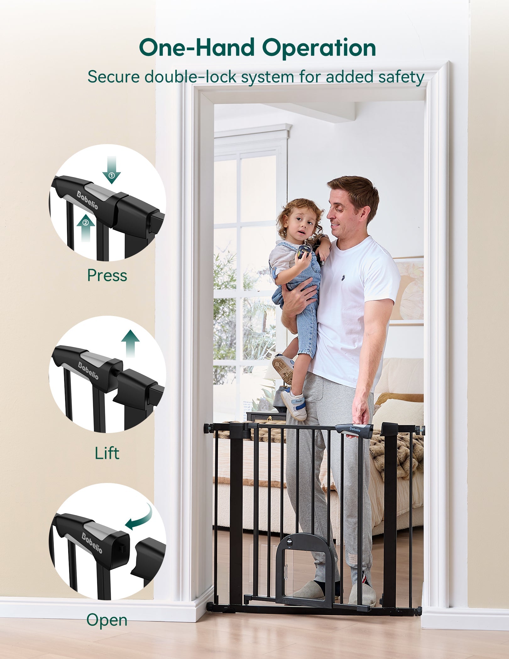 Babelio black baby safety gate with cat door, installed in living room doorway, father holding child.