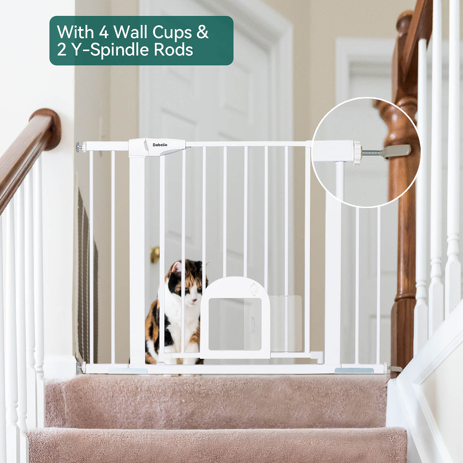 CatPrivilege T7 | Expandable Stylish Baby Gate with Cat Door - babeliobaby - White - 29 - 43'' Wide 30'' Tall