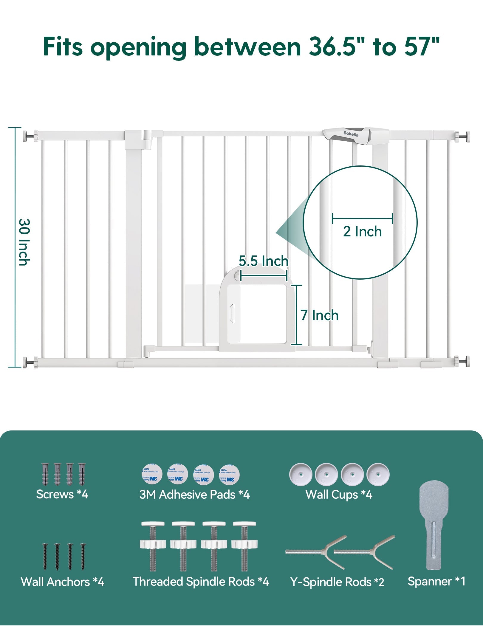 Babelio expandable baby safety gate with cat door, white, installation hardware included