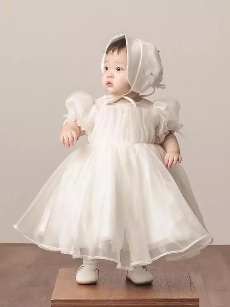 Children’s White Princess Baptism Dress — Mini Tulle Flower Girl Dress, 12M–6Y - babeliobaby - beige yellow - 12M(80)