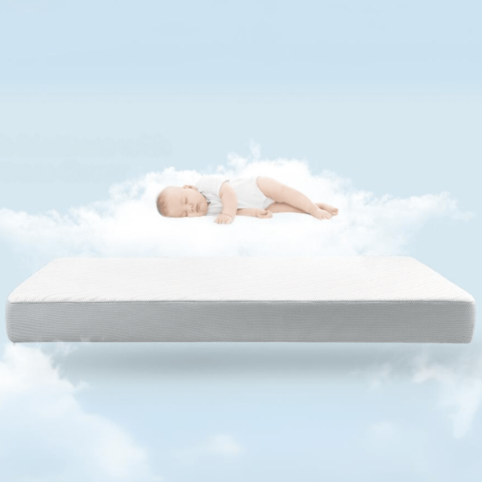Babelio organic crib mattress with baby sleeping on clouds, perfect for nursery comfort