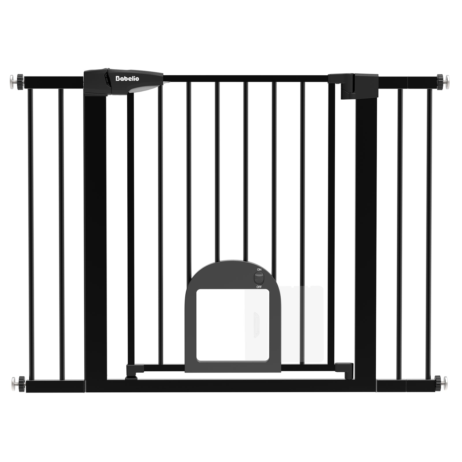 Black pet gate with a transparent plastic door on a white background#Color_Black