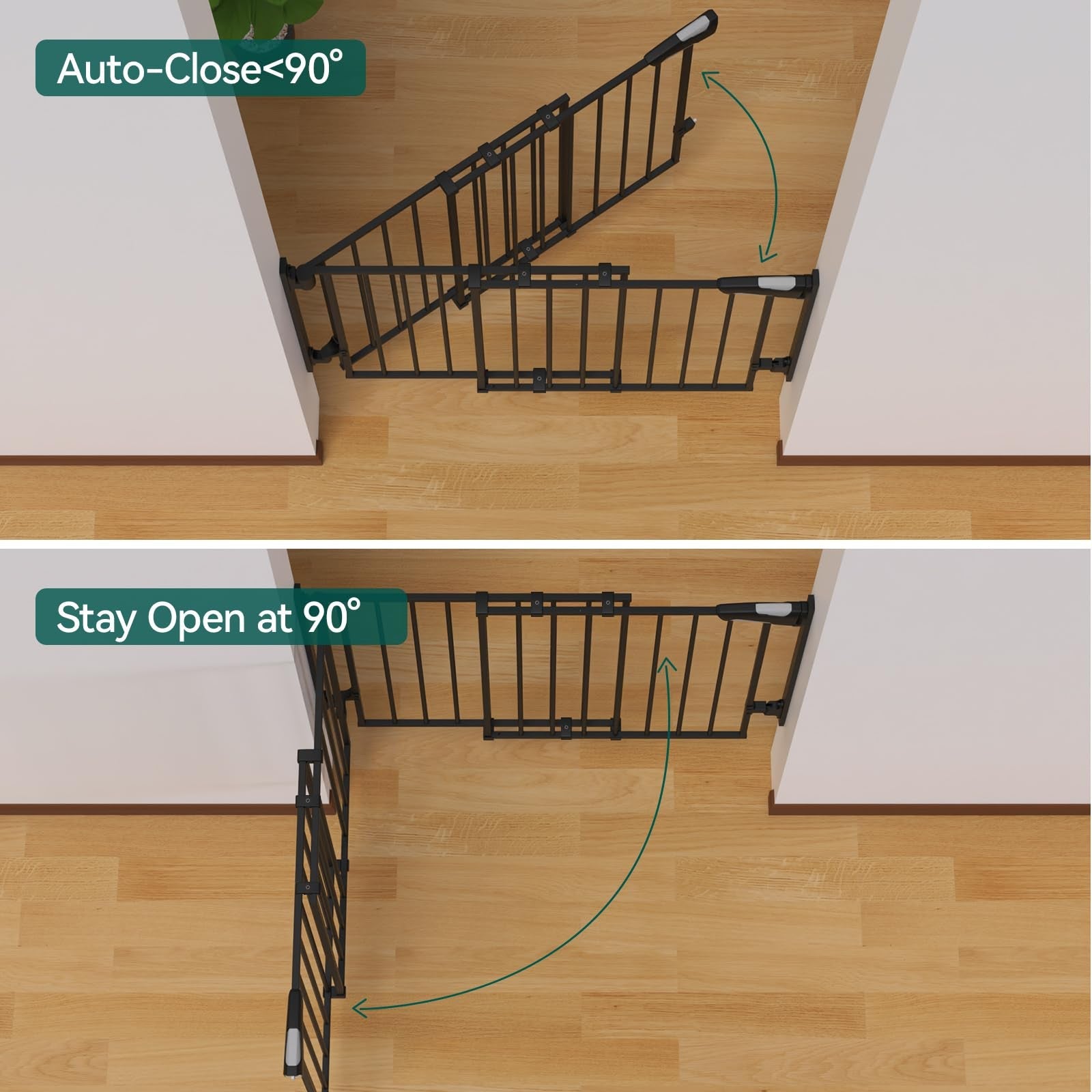 Babelio black baby safety gate for stairs and doorways in a hallway, showing auto-close and stay open features.