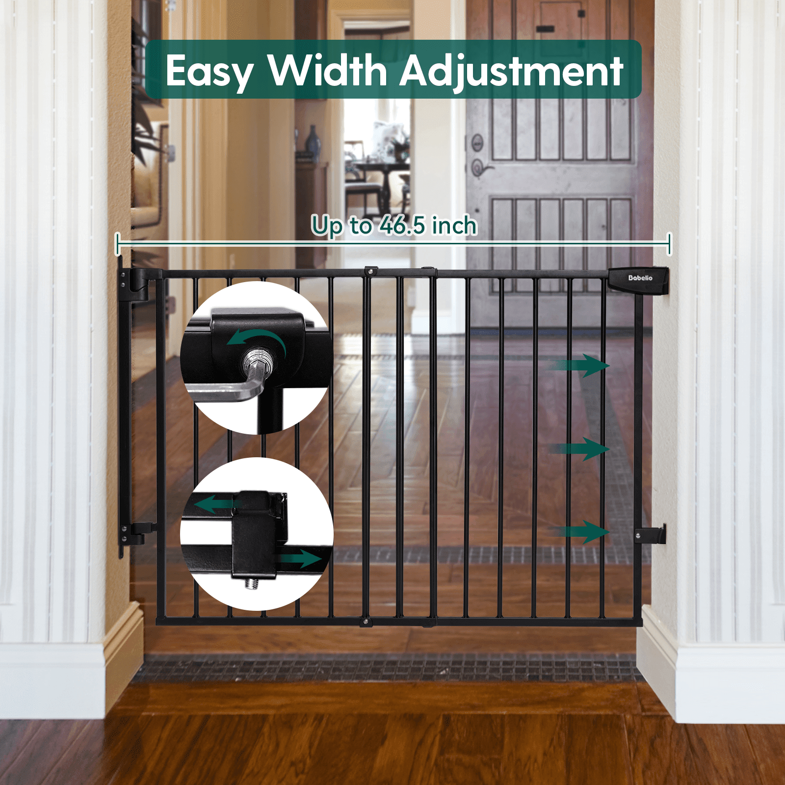 Babelio baby safety gate for stairs with easy width adjustment, shown in hallway setting