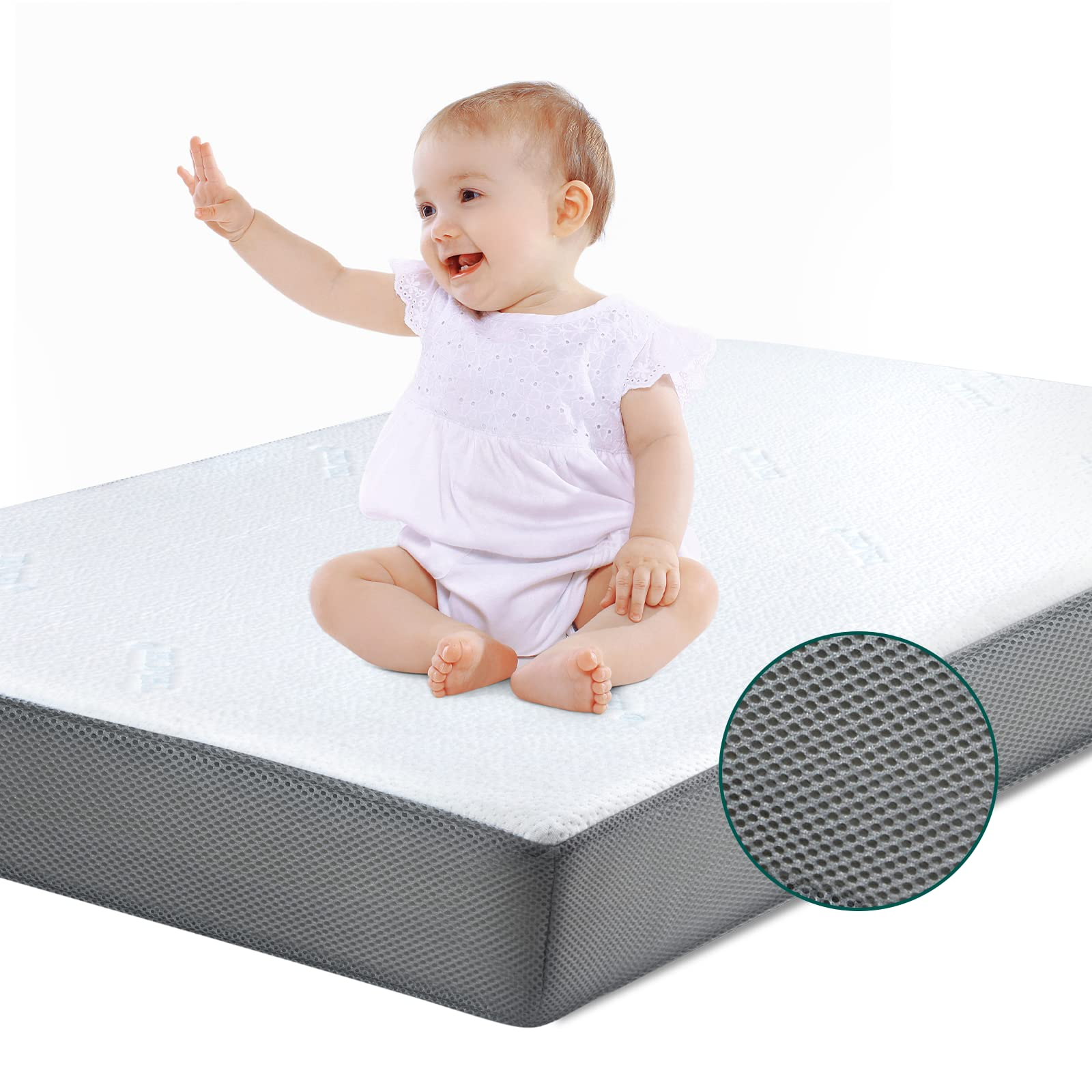 A infant sitting on a white crib mattress with a close-up of the mattress showing its texture.