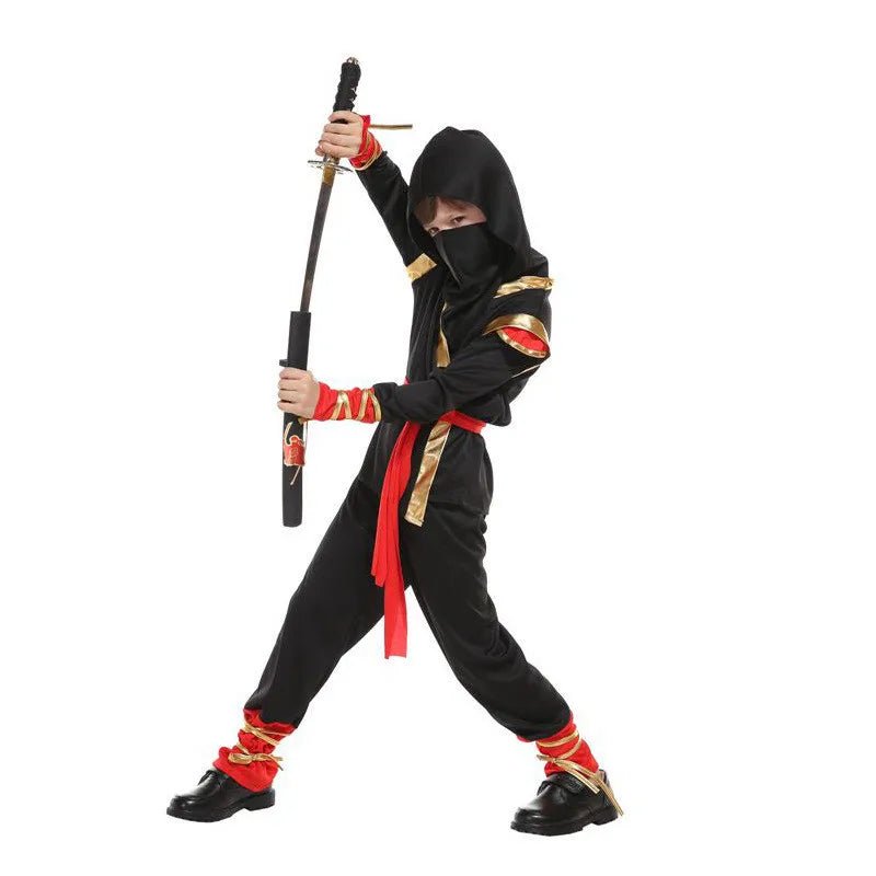 Kids Ninja Costume — Black & Red Samurai Assassin Outfit with Mask, Belt for Halloween - babeliobaby - M -
