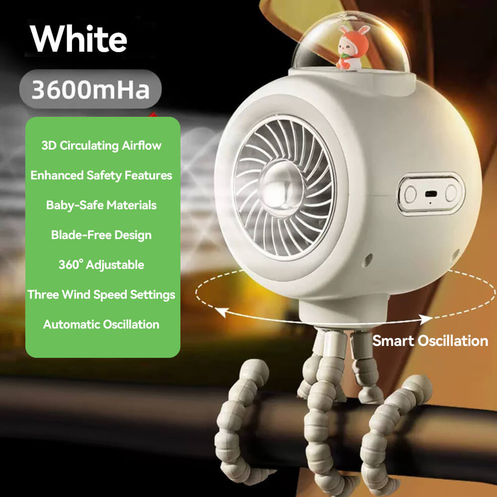 Babelio portable baby stroller fan with octopus flexible legs and USB recharge, shown attached to a bar.