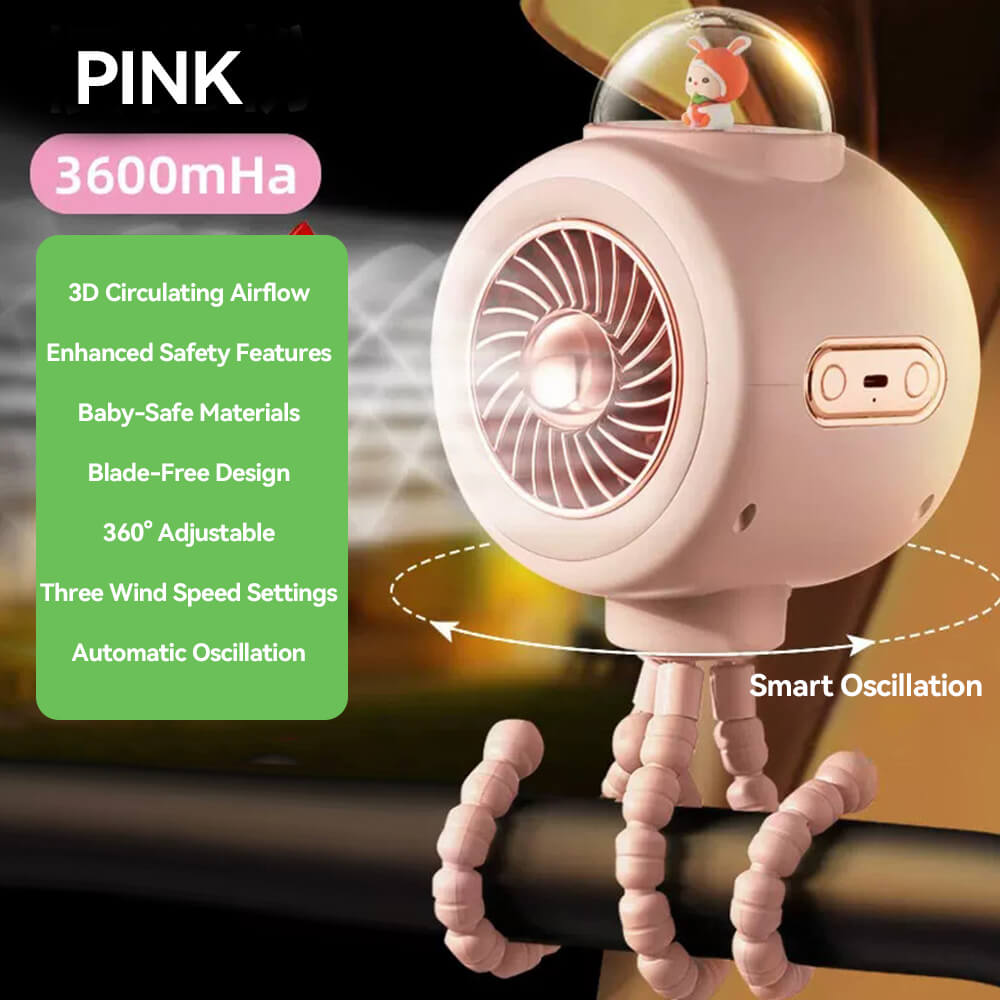 Babelio portable pink USB baby stroller fan with adjustable octopus legs and safety features.