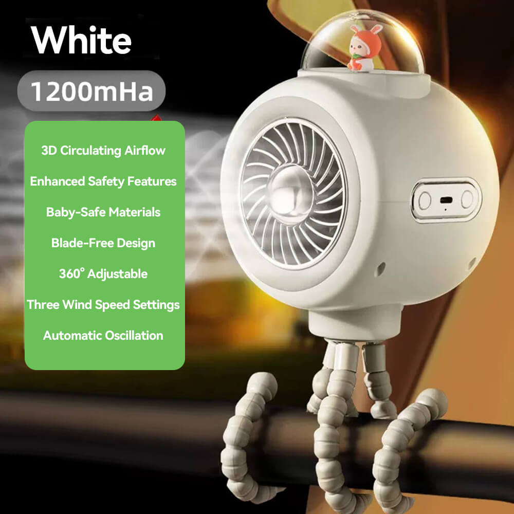Babelio portable white baby stroller fan with flexible tripod legs and baby-safe features