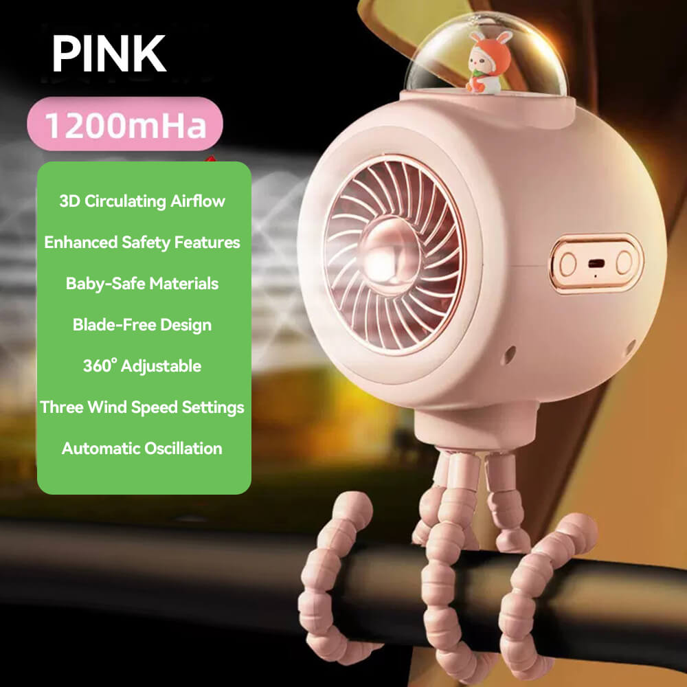 Babelio portable pink baby stroller fan with flexible tripod legs, attached to stroller bar.
