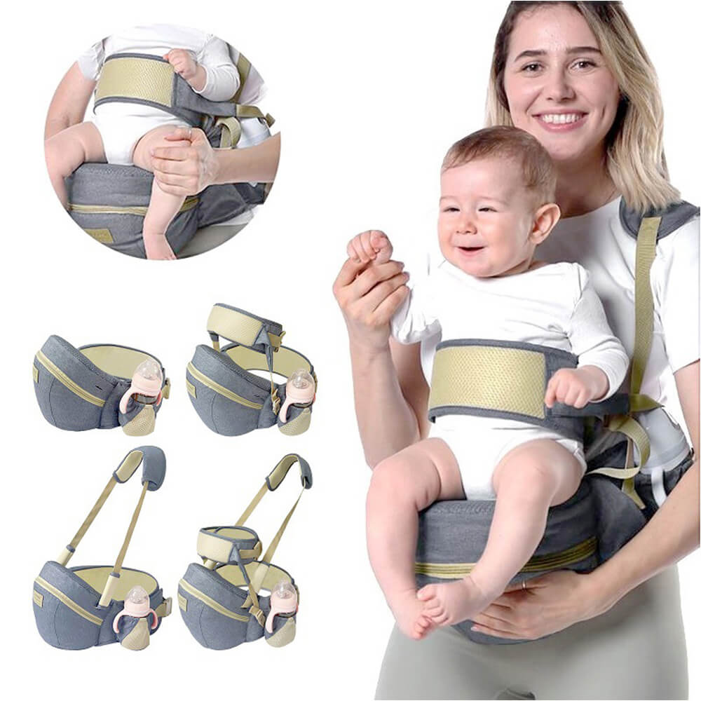 Babelio baby carrier with waist stool, mom holding baby; infant carrier product features shown.