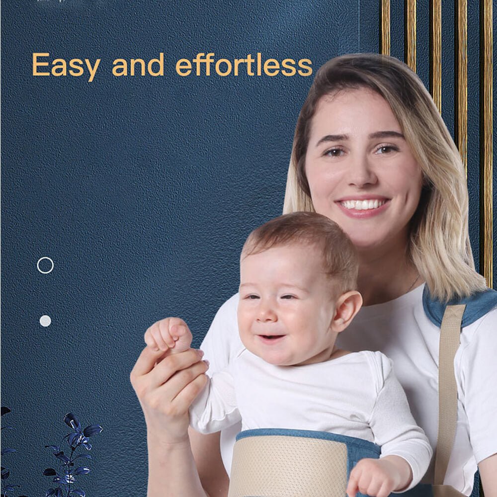 Babelio parent using infant carrier, smiling with baby, blue indoor background