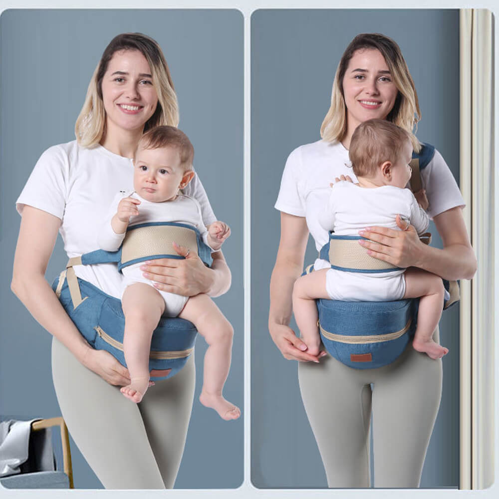Babelio lightweight baby waist stool infant carrier worn by mother and baby, modern room