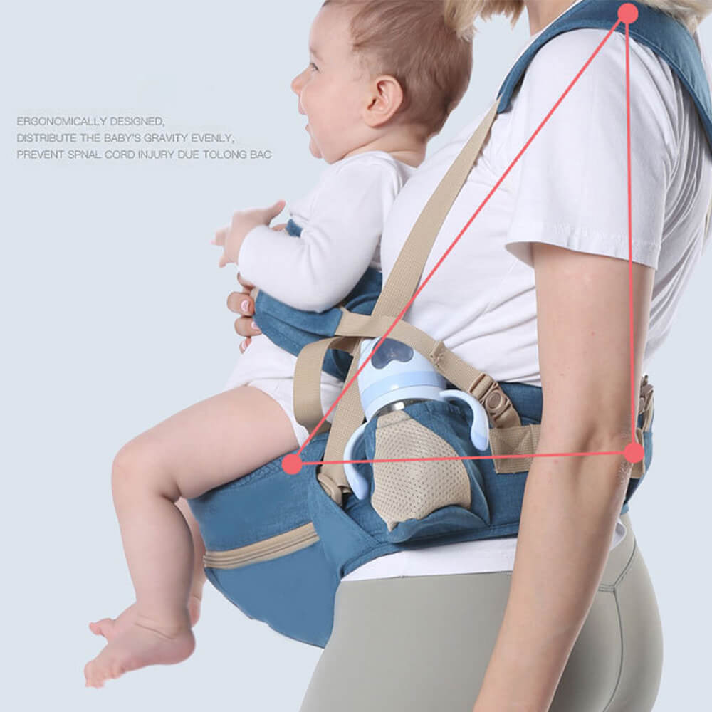 Babelio blue ergonomic baby carrier with waist stool, mother holding baby in home setting