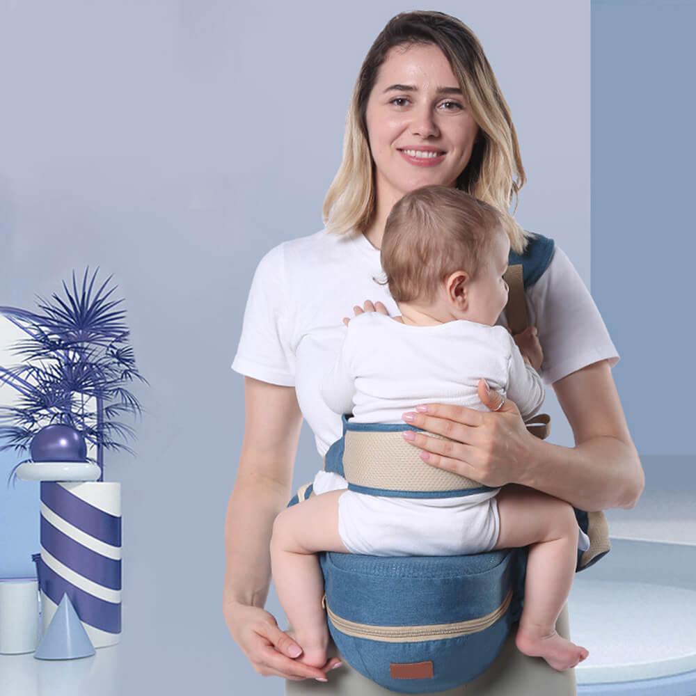 Babelio lightweight baby carrier with waist stool, mom holding baby in modern room