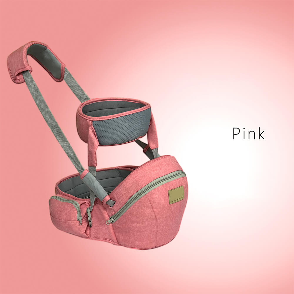 Babelio pink 3-in-1 baby waist stool and infant carrier with zip pocket on pink background
