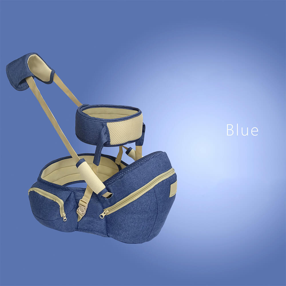 Babelio blue 3-in-1 functional baby waist stool and carrier for parents, isolated on blue background