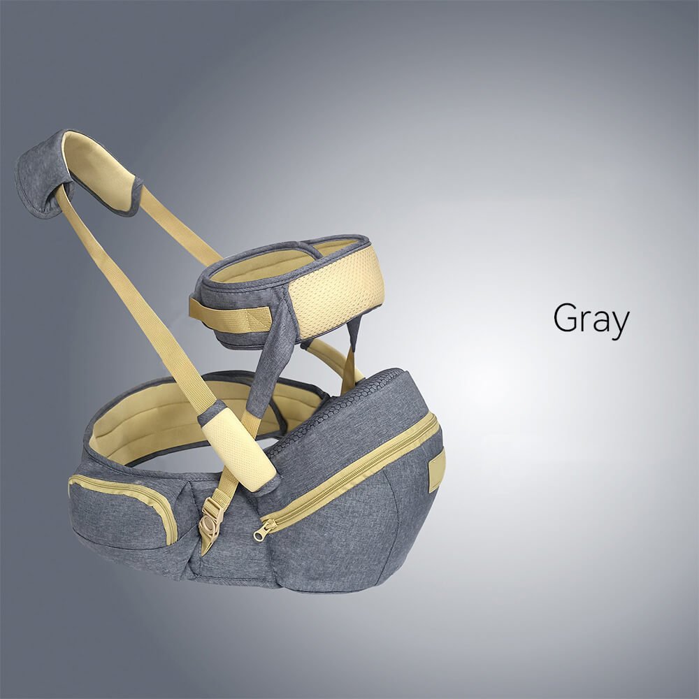Babelio gray baby carrier waist stool with straps, lightweight design on plain background