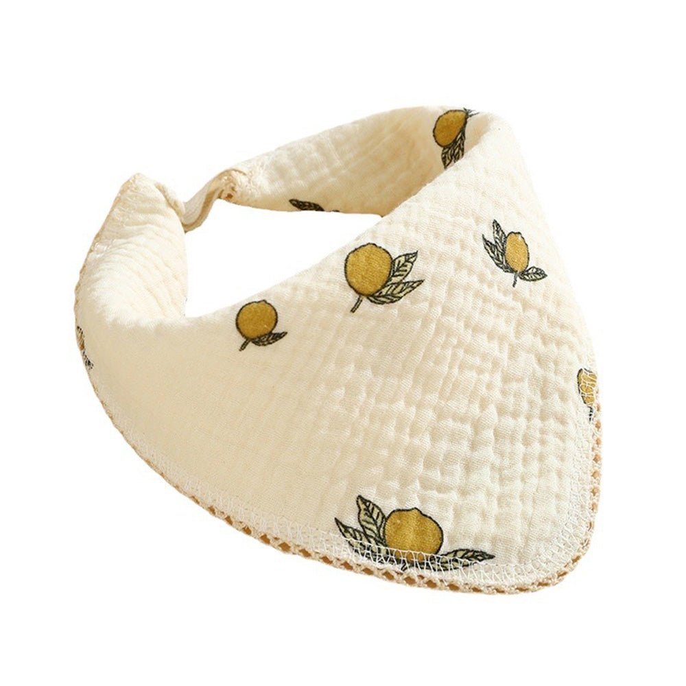 Babelio 4-layer cotton muslin baby bib with yellow fruit pattern, nursery accessory