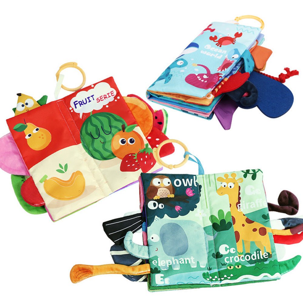 Babelio colorful baby soft cloth books with animal and fruit illustrations, nursery setting