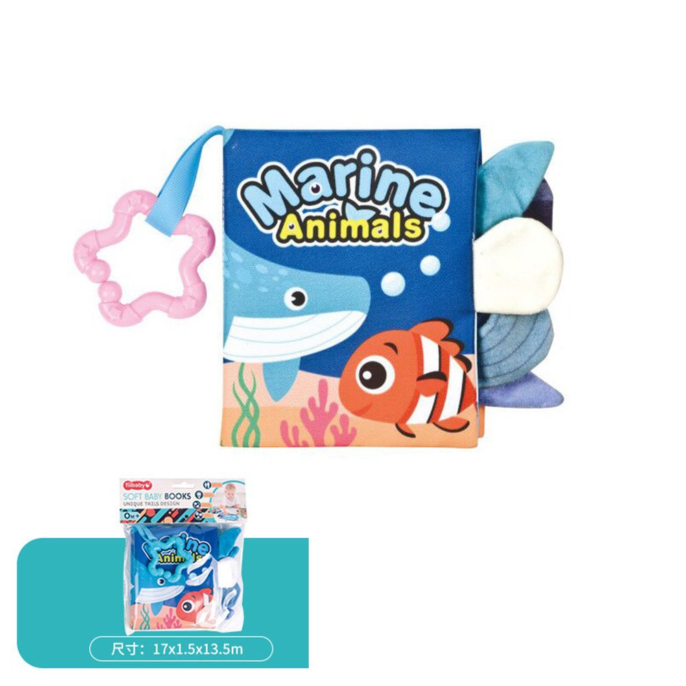 Babelio soft fabric baby book with marine animal designs and teething ring, nursery accessory