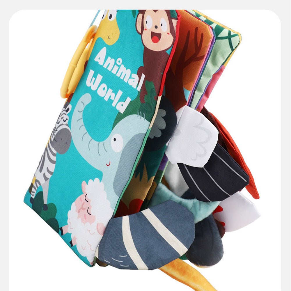 Babelio soft baby cloth book Animal World with animal illustrations in a nursery setting