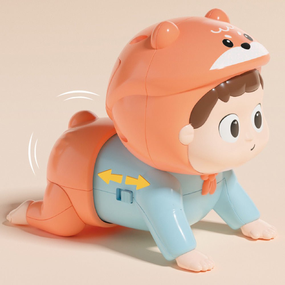 Babelio crawling baby toy in orange fox outfit on beige background, nursery decor