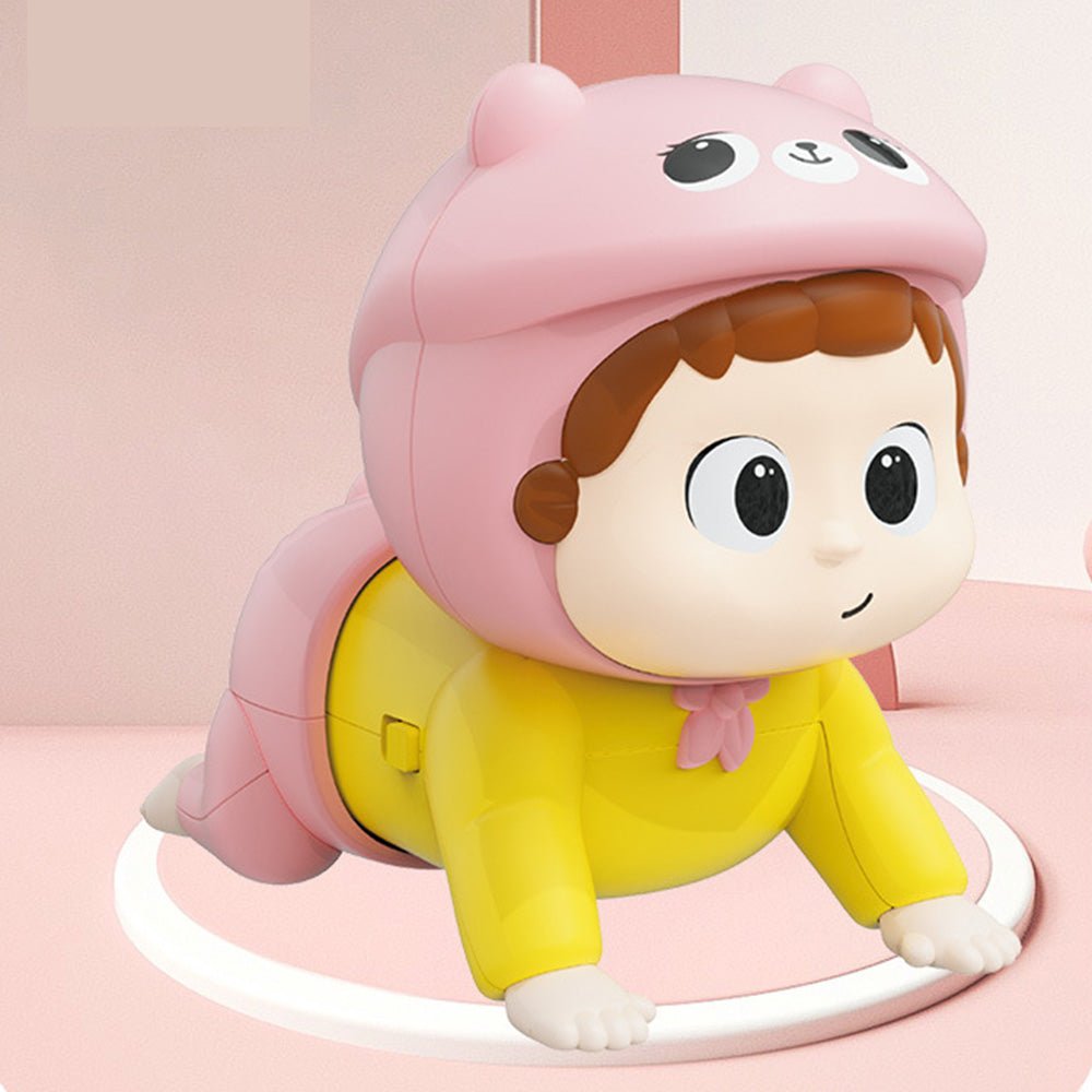 Babelio crawling baby toy in pink bear hat, yellow outfit, displayed in nursery setting