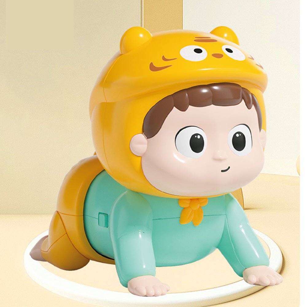 Babelio crawling baby toy in tiger outfit on beige nursery floor